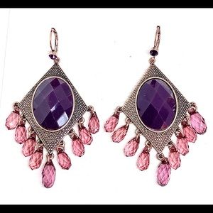 Boho Purple Teardrop Fringe and Resin Faceted Stone Copper Chandelier Earrings